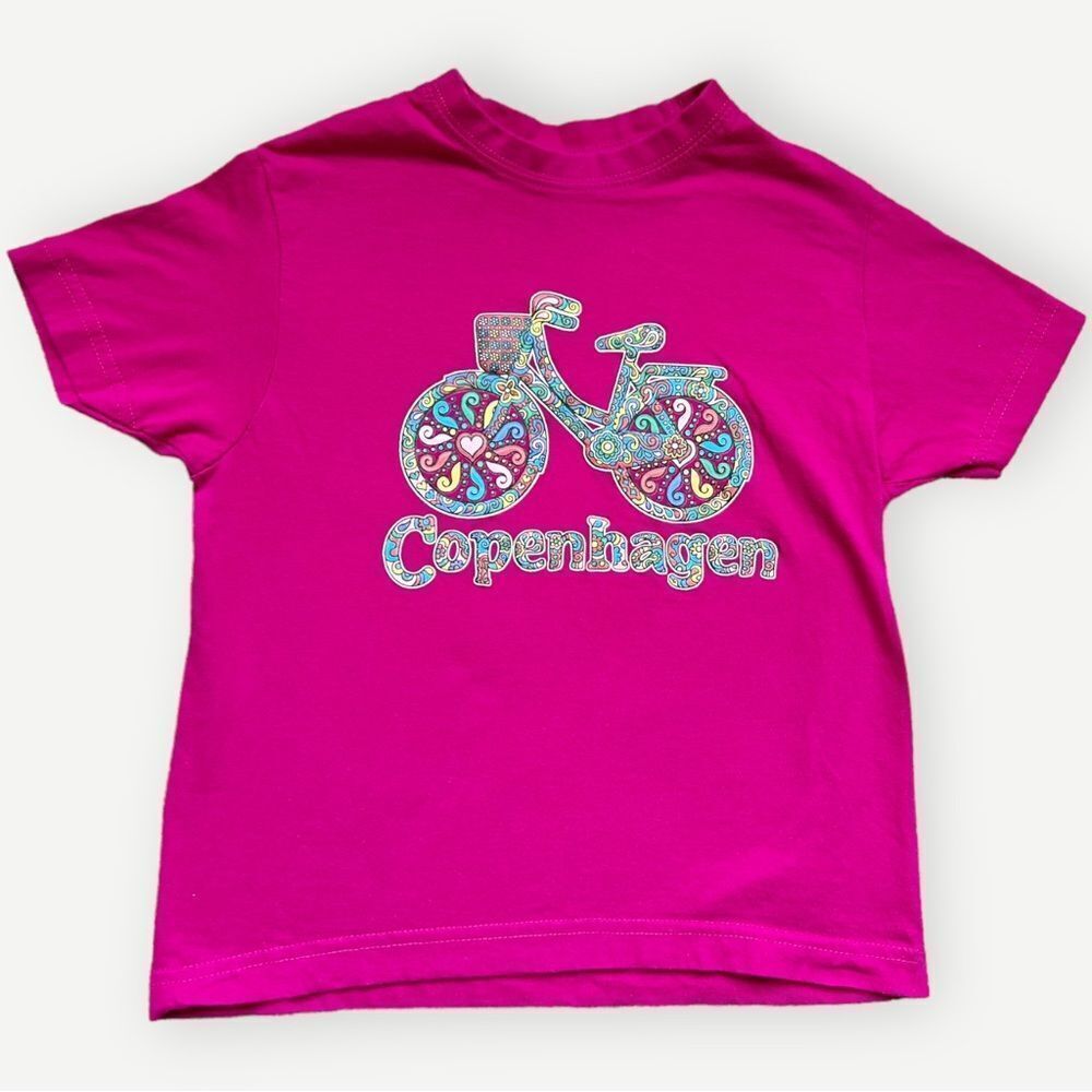 Copenhagen Girls Kids Short Sleeve Cotton Pink Bicycle Bike Graphic Tee. 8.